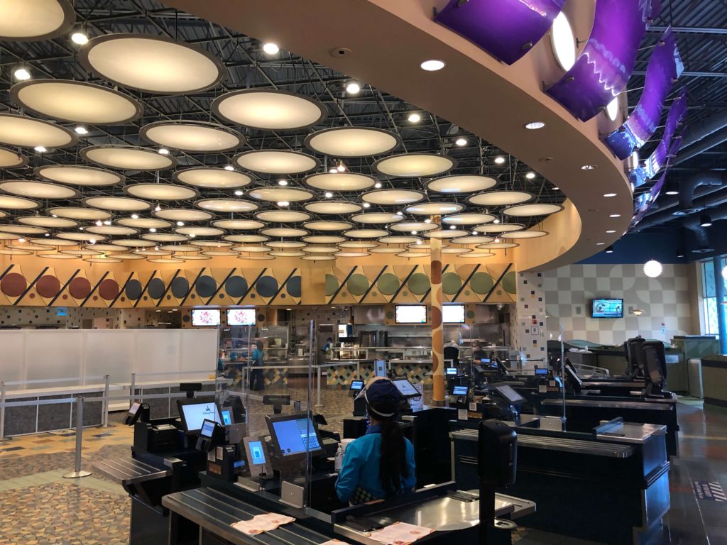 a sweeping view of the Everything Pop dining hall, empty due to advance ordering