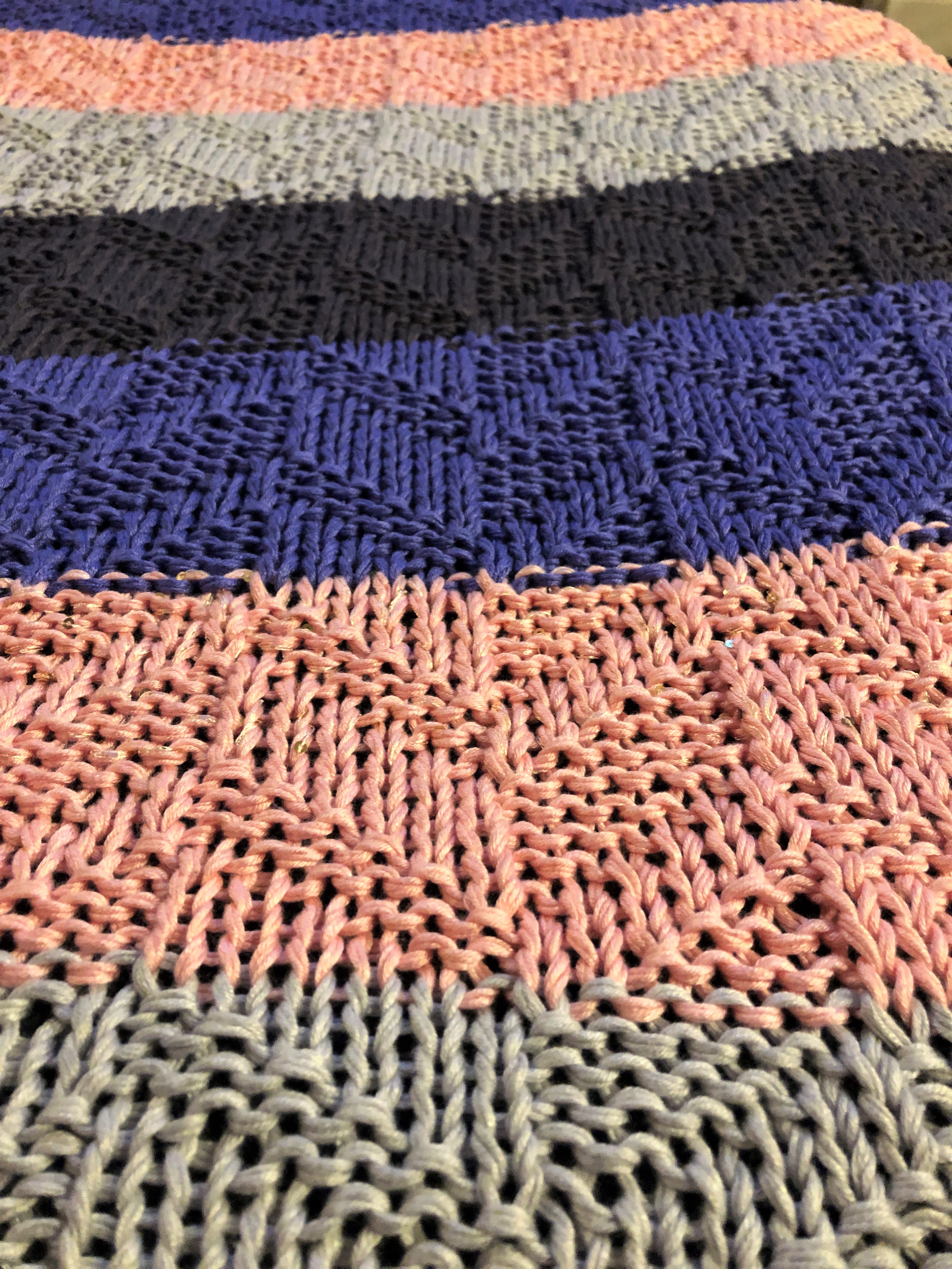 a close-up of a textured knitting stitch on a baby blanket