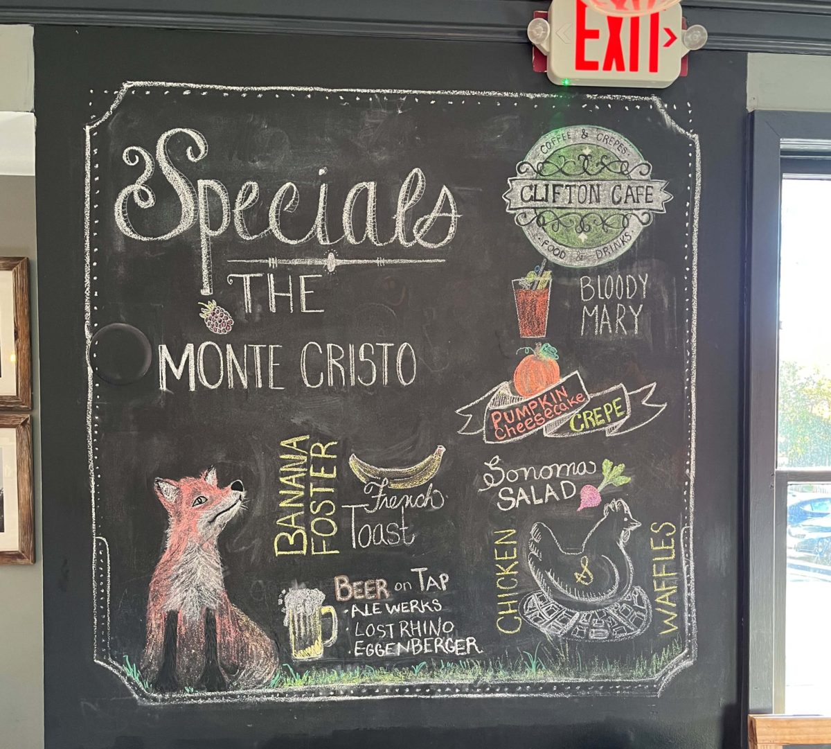 the Clifton Café specials board advertises the Monte Cristo, Bloody Mary, and Pumpkin Cheesecake Crepes
