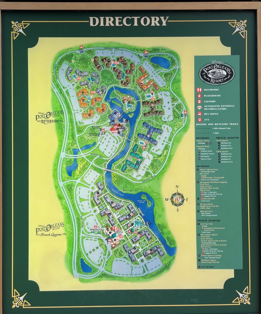 a map of Port Orleans French Quarter and Port Orleans Riverside resorts at Walt Disney World