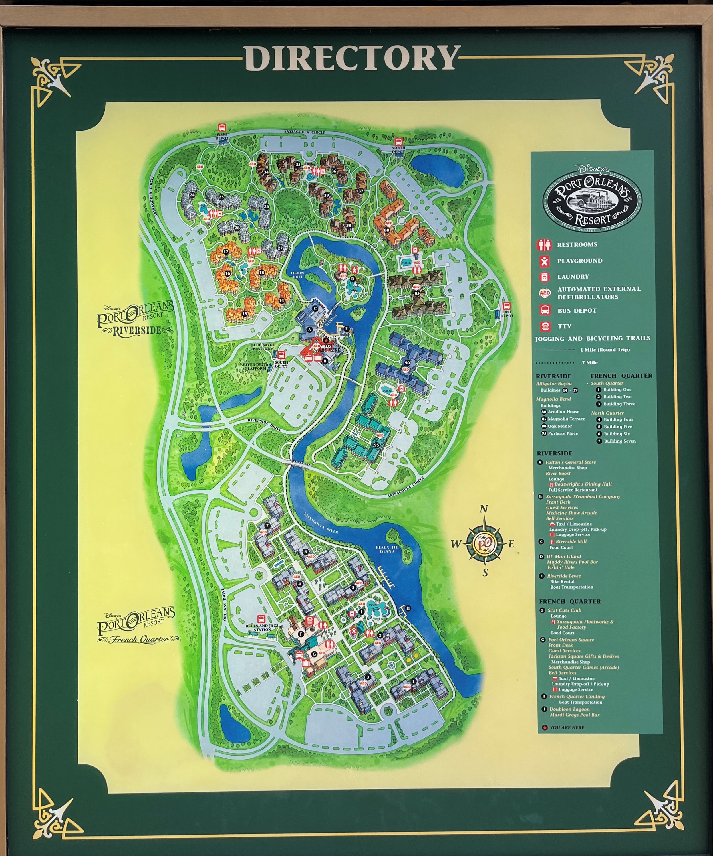 the map and directory of Disney's Port Orleans Resort, including Port Orleans Riverside and French Quarter