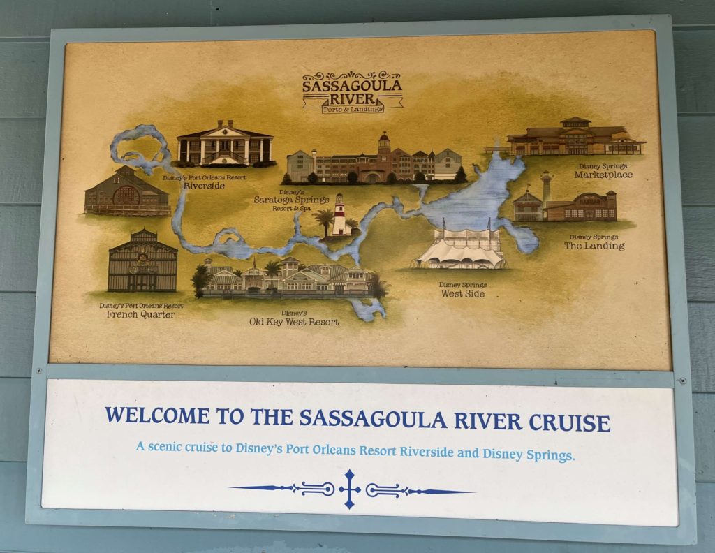 an illustrated map of the Sassagoula River Cruise, a scenic cruise between Port Orleans and Disney Springs