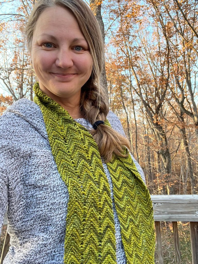 Holly of At Yarn's Length wearing a Zick Zack scarf