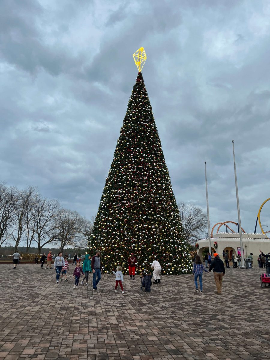a massive Christmas tree dances to music outside the entrance of Kings Dominion WinterFest