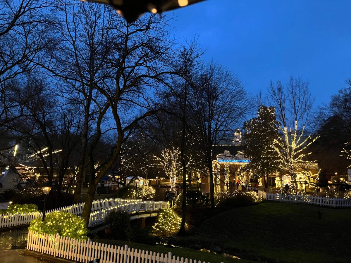 the Kings Dominion Theater is decorated with lights at Kings Dominion WinterFest