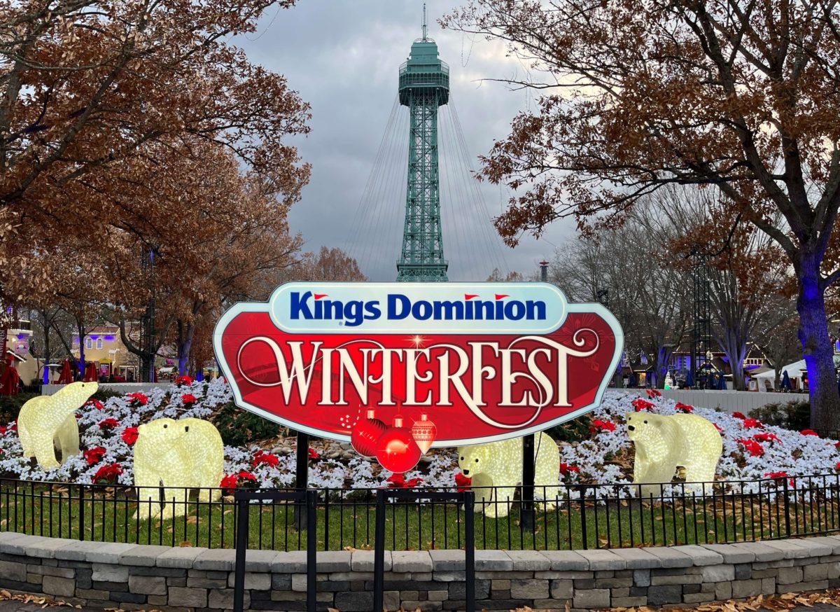 the entrance to the park is marked by a large Kings Dominion WinterFest sign and polar bear lights