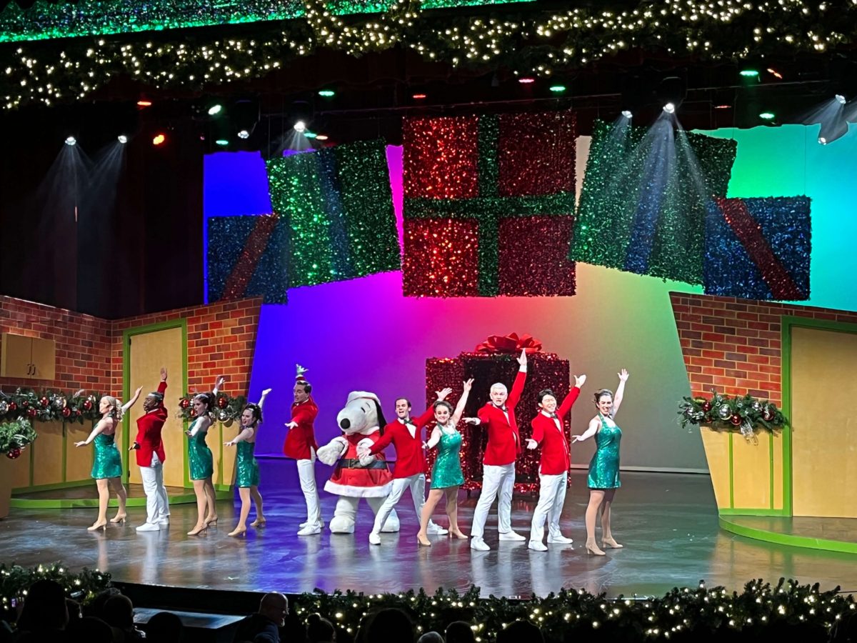 dancers surround Snoopy at Charlie Brown's Christmas Spectacular at Kings Dominion WinterFest