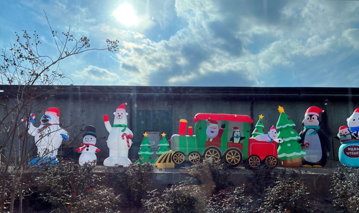 holiday decorations as seen from the window of the Candy Cane Express at the Virginia Museum of Transportation