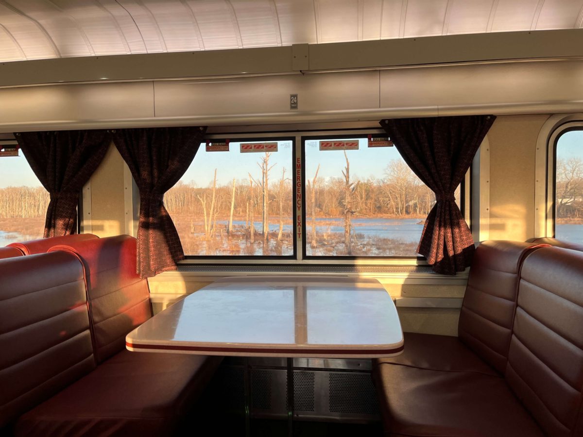 a booth in the Lounge Car of the Amtrak Auto Train