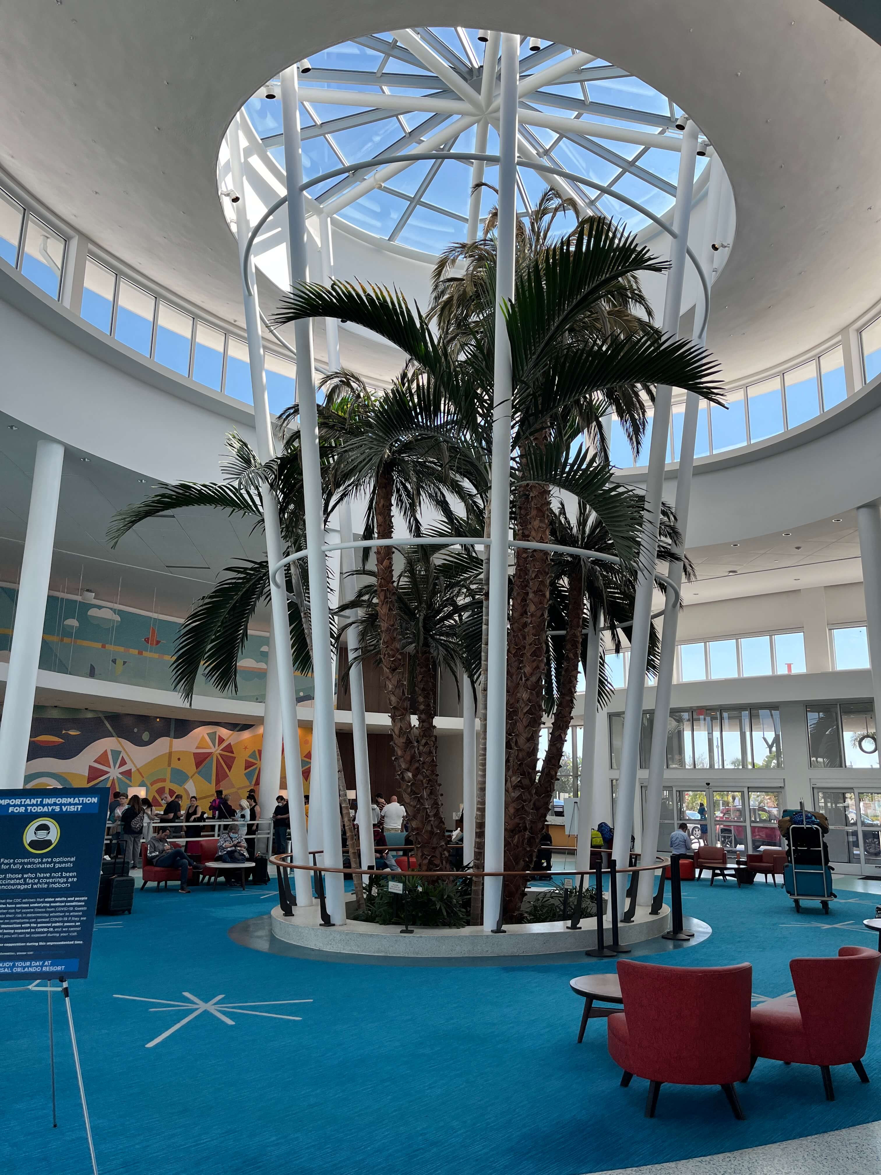 palm trees in the lobby at Universal's Cabana Bay Beach Resort