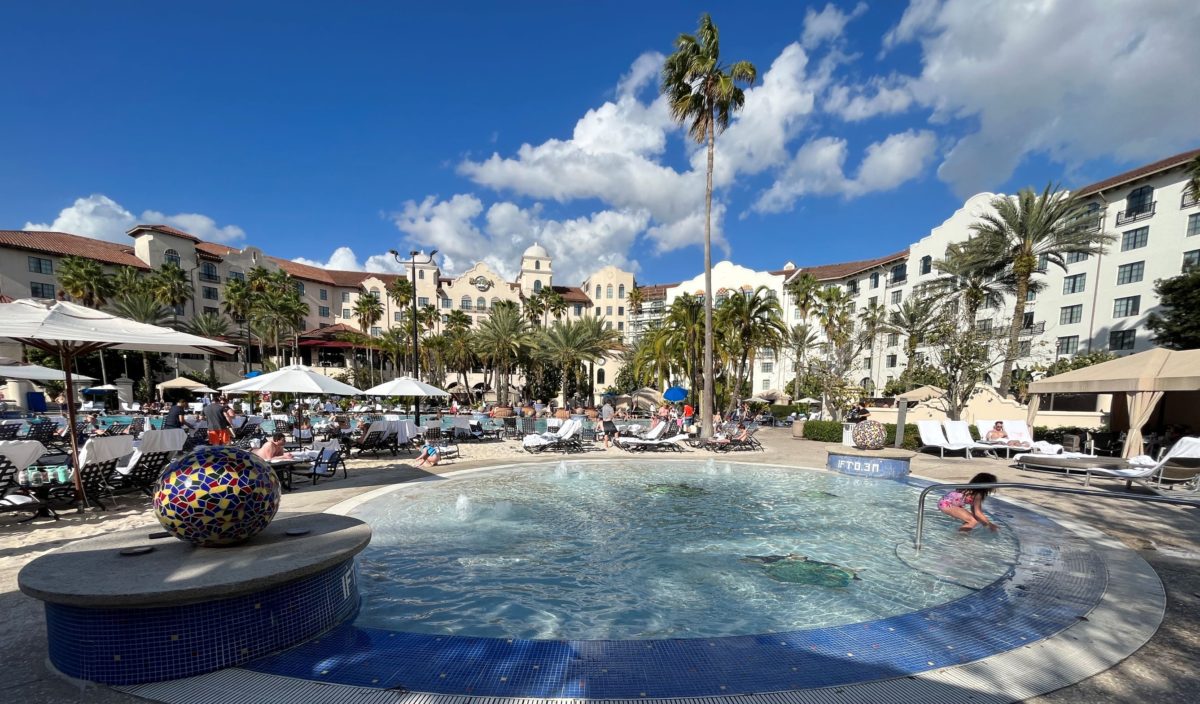 the kiddie pool (foreground) and main pool (background) at the Hard Rock Hotel