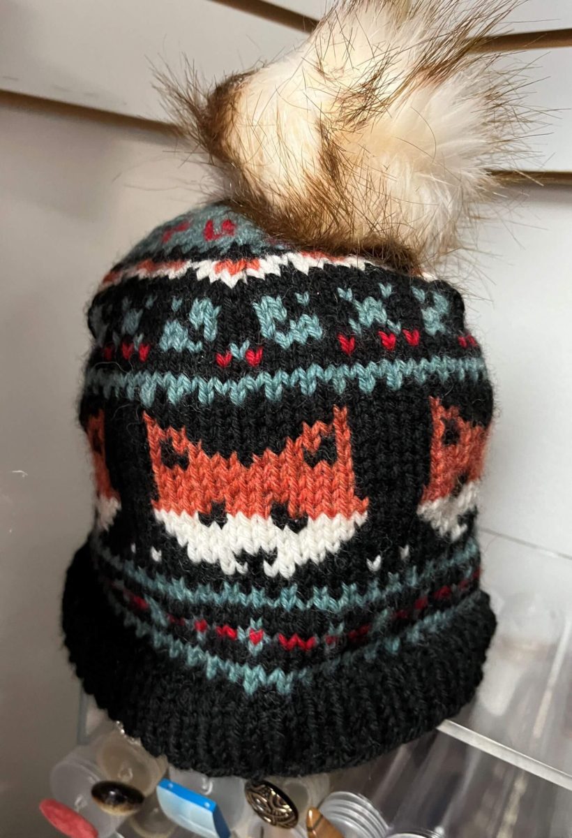 knitted colorwork on a fox hat at Red Fox Yarns