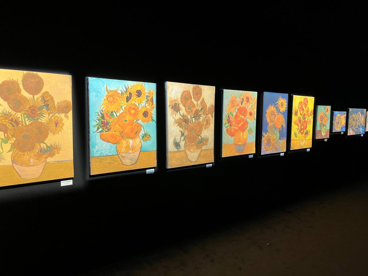 a projection-mapped gallery of Vincent Van Gogh's sunflowers