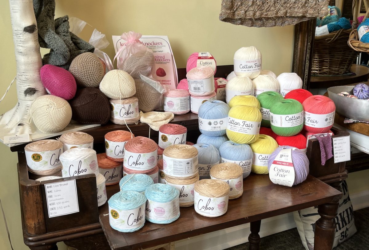 a pile of cotton yarn and knitted knockers at The Stitch Witch of Bedford