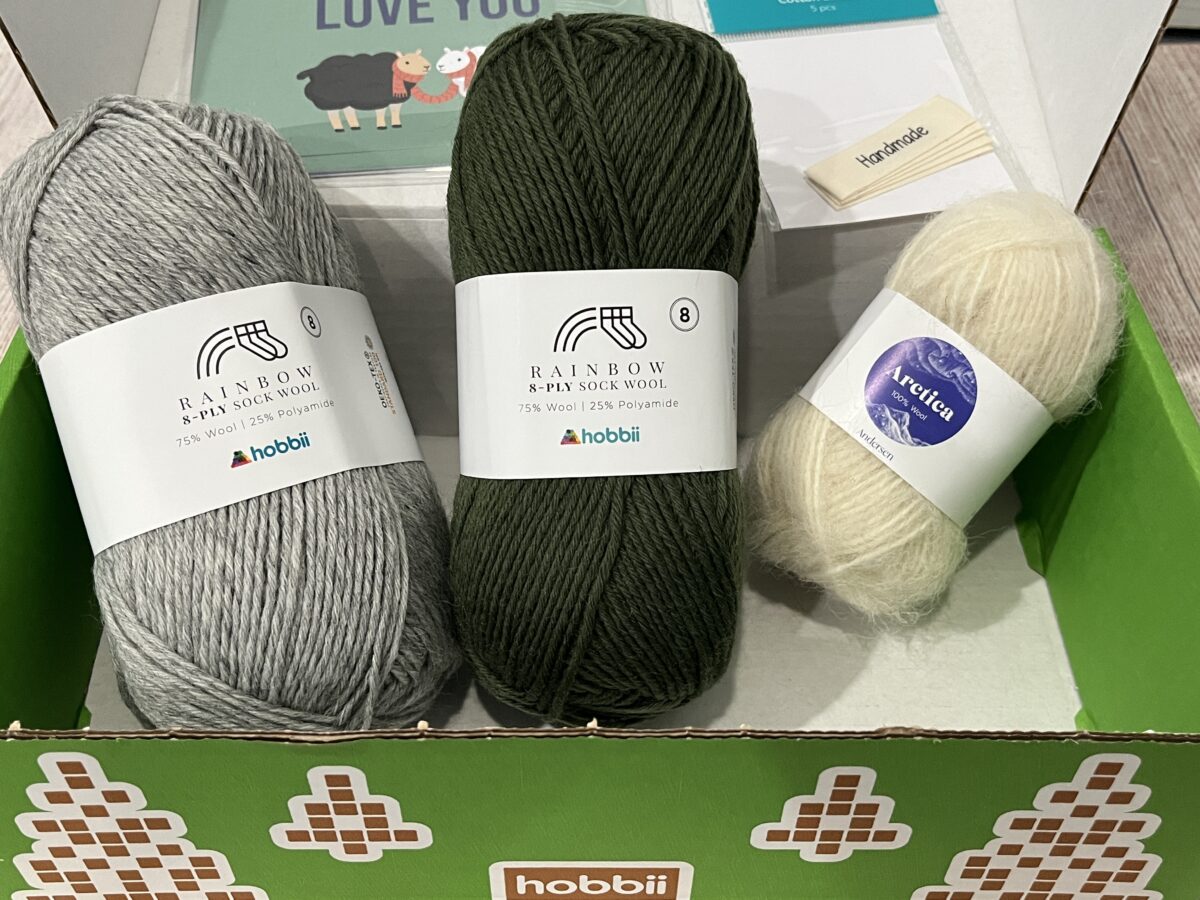 Hobbii Yarn Advent Calendar for Knitters box for week 2: opened and showing yarn, labels, postcards